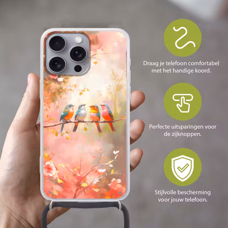 Vogels - Kleurrijk - Tak Hoesje iPhone 16 Pro Max met koord klein -sfeer2_NL