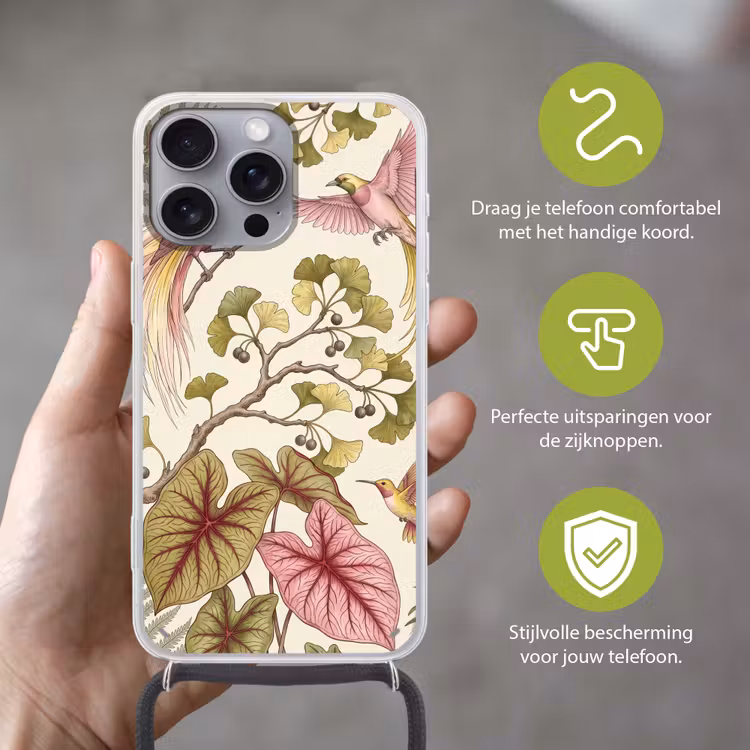 Vogels - Tropisch - Botanisch - Roze Hoesje iPhone 16 Pro Max met koord klein -sfeer2_NL