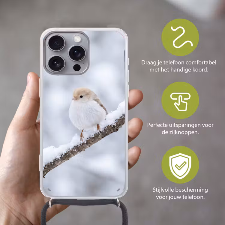 Vogeltje - Sneeuw - Tak - Winter - Zacht Hoesje iPhone 16 Pro Max met koord klein -sfeer2_NL