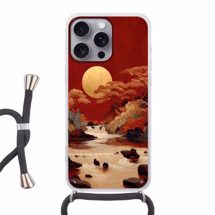 Volle maan - Landschap - Waterval Hoesje iPhone 16 Pro Max met koord klein -3d