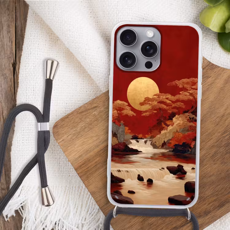 Volle maan - Landschap - Waterval Hoesje iPhone 16 Pro Max met koord klein -sfeer4