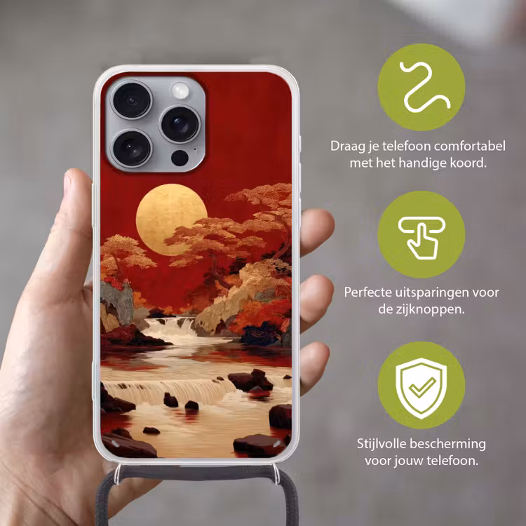 Volle maan - Landschap - Waterval Hoesje iPhone 16 Pro Max met koord klein -sfeer2_NL