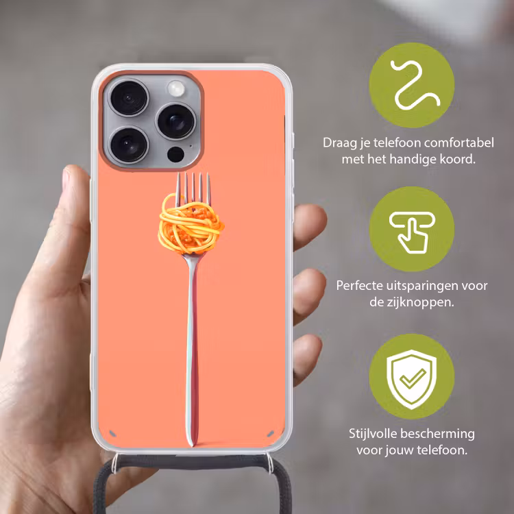 Vork - Spaghetti - Artistiek - Roze Hoesje iPhone 16 Pro Max met koord klein -sfeer2_NL