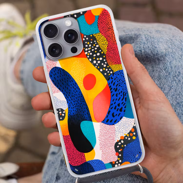 Vormen - Abstract - Stippels - Blauw Hoesje iPhone 16 Pro Max met koord klein -sfeer3