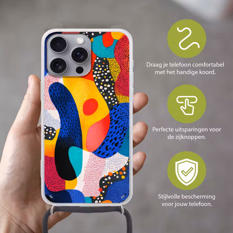 Vormen - Abstract - Stippels - Blauw Hoesje iPhone 16 Pro Max met koord klein -sfeer2_NL
