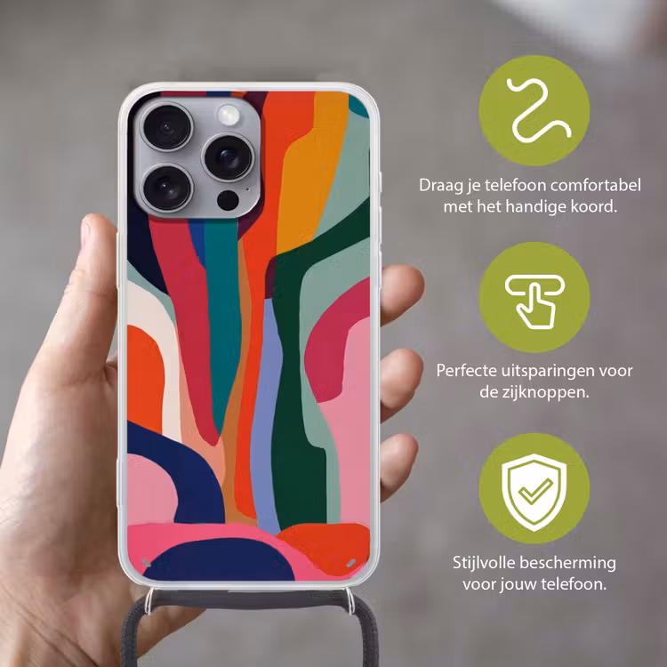 Vormen - Bochten - Kleurrijk - Abstract Hoesje iPhone 16 Pro Max met koord klein -sfeer2_NL