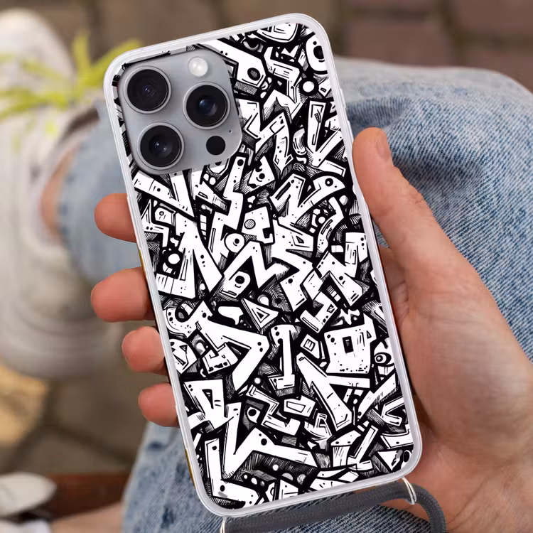 Vormen - Letters - Graffiti - Zwart Hoesje iPhone 16 Pro Max met koord klein -sfeer3