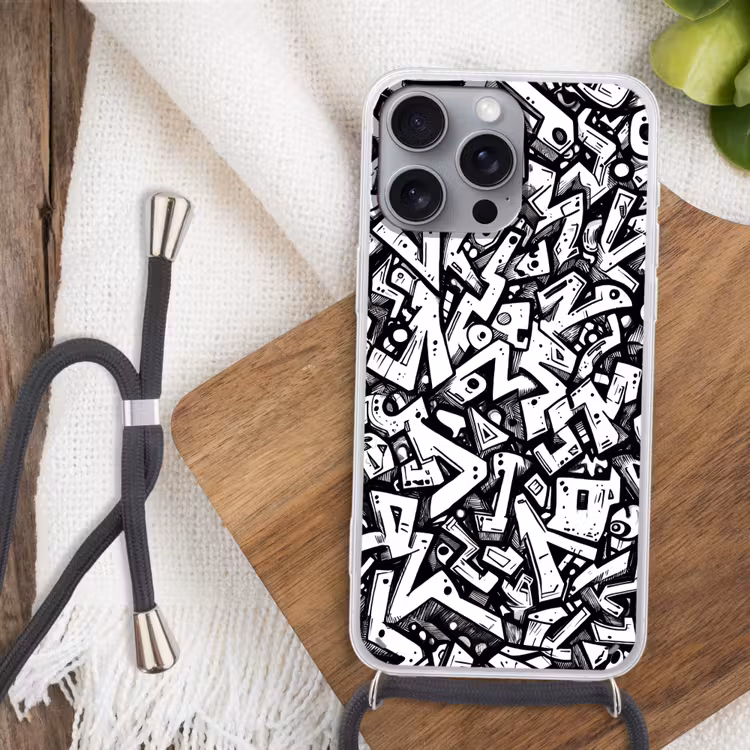 Vormen - Letters - Graffiti - Zwart Hoesje iPhone 16 Pro Max met koord klein -sfeer4