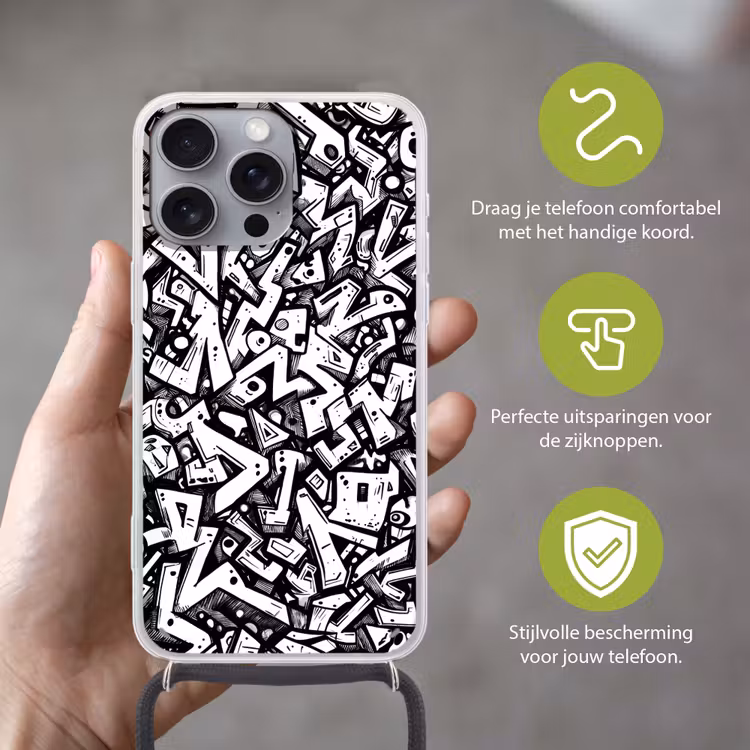 Vormen - Letters - Graffiti - Zwart Hoesje iPhone 16 Pro Max met koord klein -sfeer2_NL