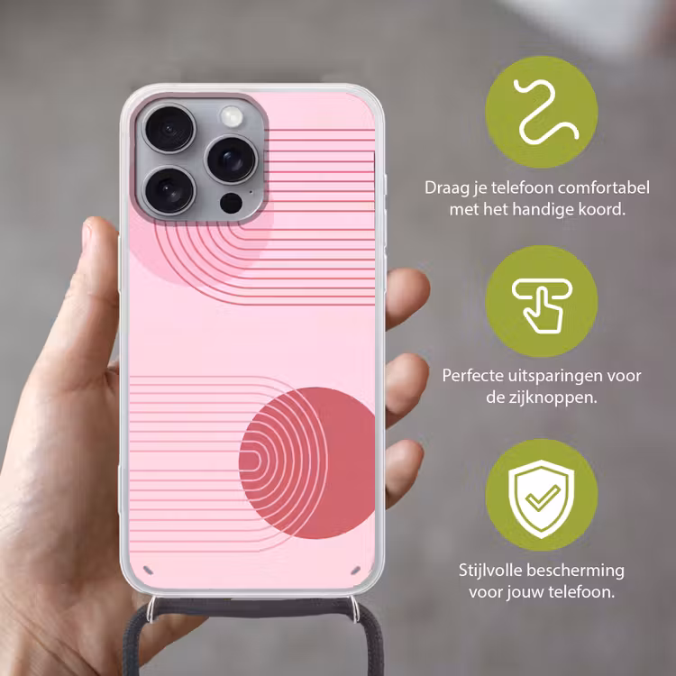 Vormen - Lijnen - Minimalistisch - Roze Hoesje iPhone 16 Pro Max met koord klein -sfeer2_NL