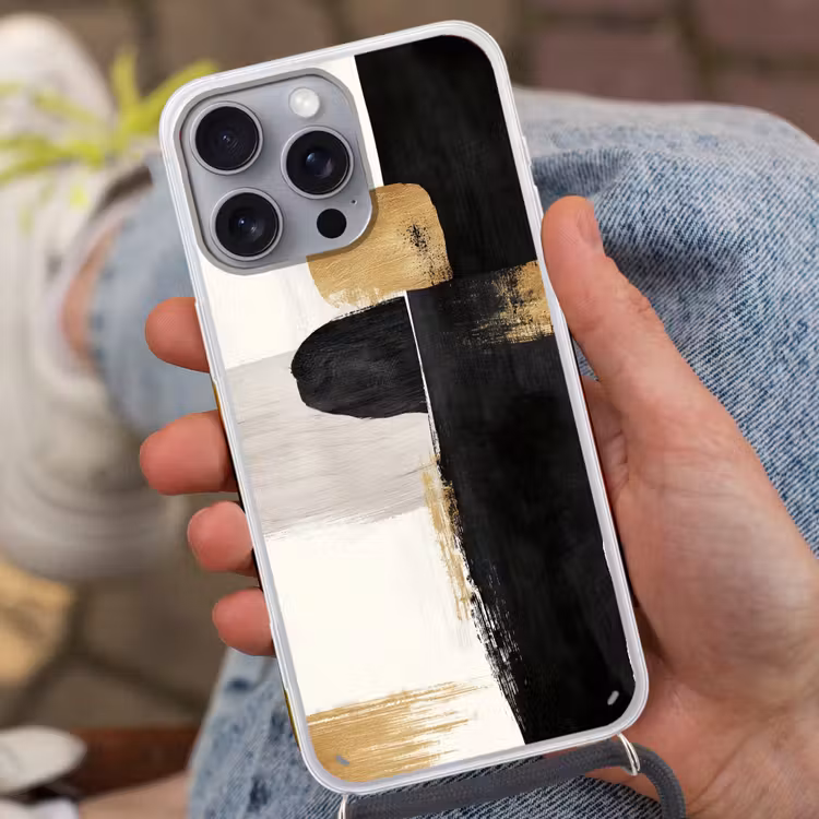 Vormen - Penseelstreken - Abstract - Goud Hoesje iPhone 16 Pro Max met koord klein -sfeer3