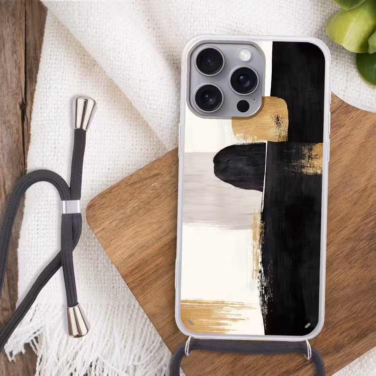 Vormen - Penseelstreken - Abstract - Goud Hoesje iPhone 16 Pro Max met koord klein -sfeer4
