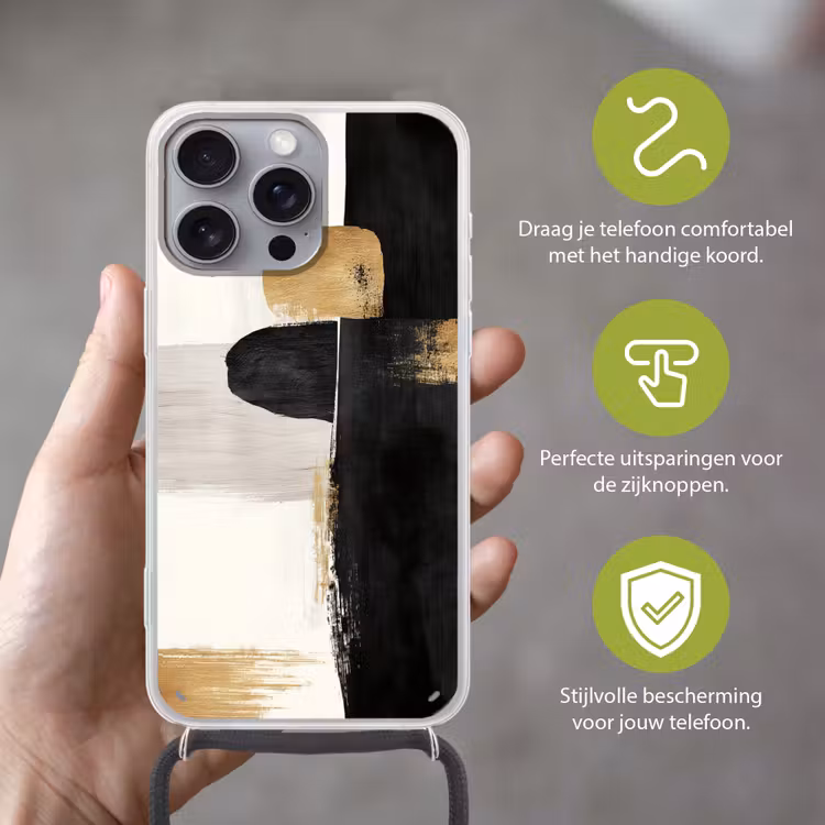 Vormen - Penseelstreken - Abstract - Goud Hoesje iPhone 16 Pro Max met koord klein -sfeer2_NL