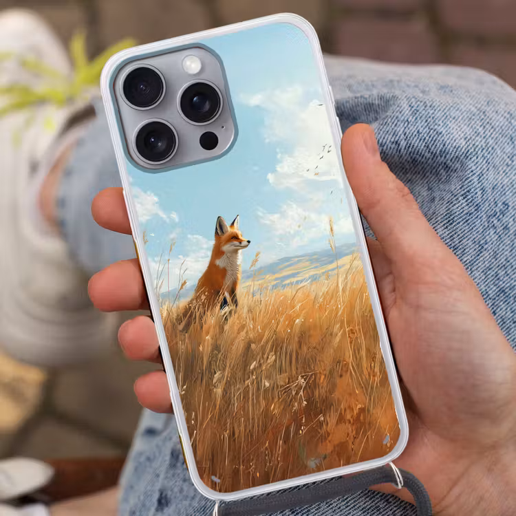 Vos - Gras - Wolken - Oranje Hoesje iPhone 16 Pro Max met koord klein -sfeer3