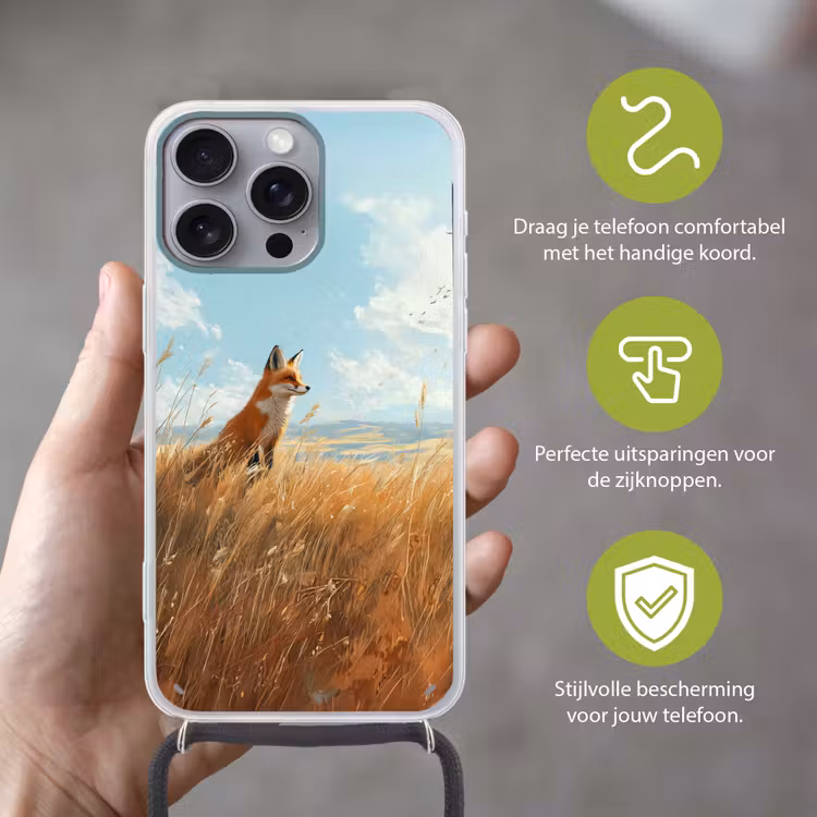 Vos - Gras - Wolken - Oranje Hoesje iPhone 16 Pro Max met koord klein -sfeer2_NL