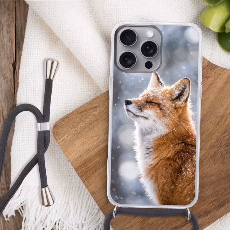 Vos - Sneeuwval - Portret - Winter - Sfeervol Hoesje iPhone 16 Pro Max met koord klein -sfeer4