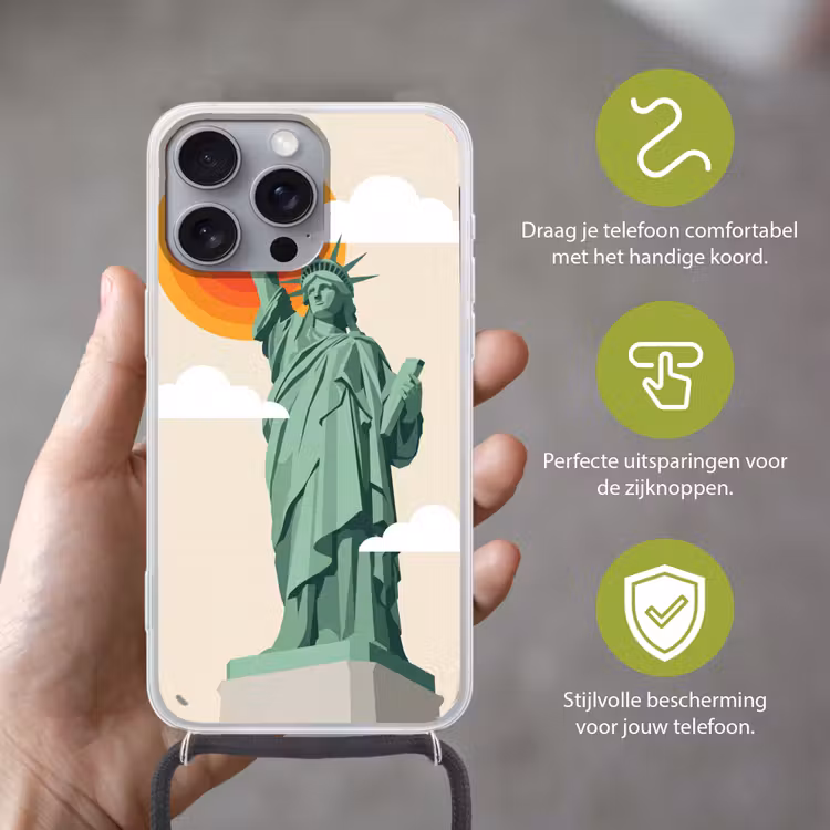 Vrijheidsbeeld - New York - Zon - Modern Hoesje iPhone 16 Pro Max met koord klein -sfeer2_NL