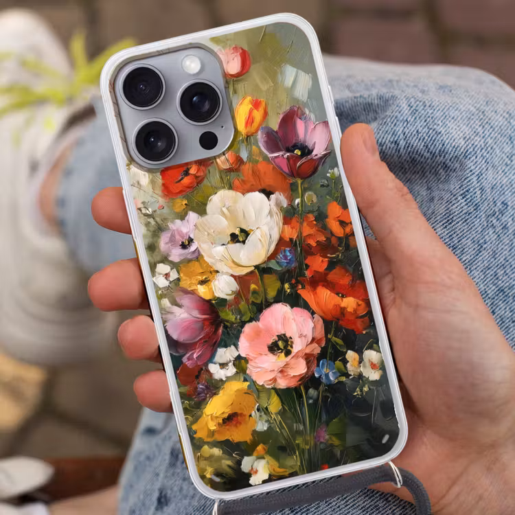 Vrolijk boeket - Dynamisch - Subtiele kleurspatten Hoesje iPhone 16 Pro Max met koord klein -sfeer3