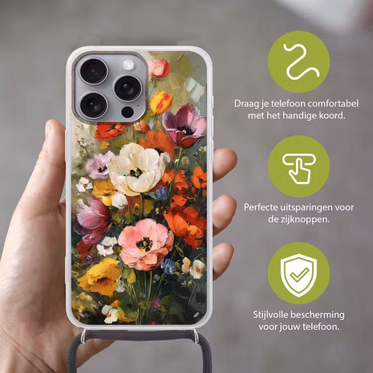 Vrolijk boeket - Dynamisch - Subtiele kleurspatten Hoesje iPhone 16 Pro Max met koord klein -sfeer2_NL