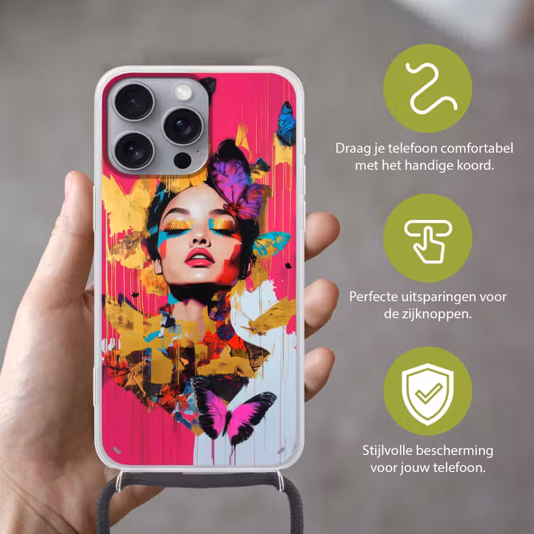Vrouw - Abstract - Kleurrijk Hoesje iPhone 16 Pro Max met koord klein -sfeer2_NL