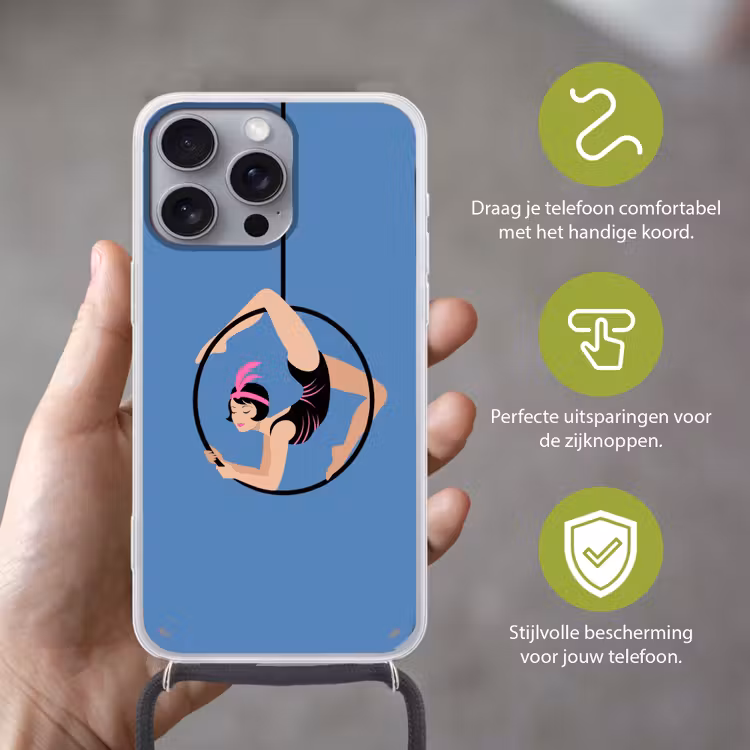 Vrouw - Aerial hoop - Art deco - Illustratie - Blauw Hoesje iPhone 16 Pro Max met koord klein -sfeer2_NL