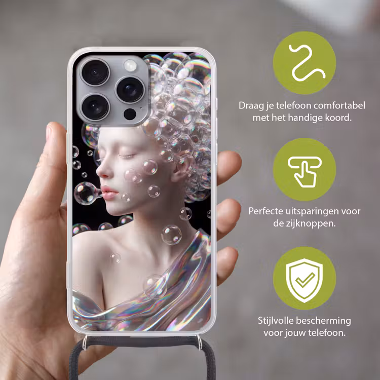 Vrouw - Bellen - Abstract - Kleurrijk Hoesje iPhone 16 Pro Max met koord klein -sfeer2_NL
