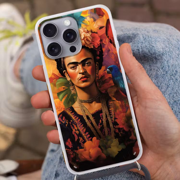 Vrouw - Bloemen - Papegaai - Schilderachtig Hoesje iPhone 16 Pro Max met koord klein -sfeer3