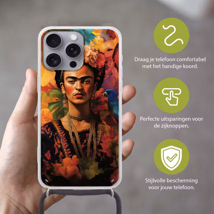 Vrouw - Bloemen - Papegaai - Schilderachtig Hoesje iPhone 16 Pro Max met koord klein -sfeer2_NL
