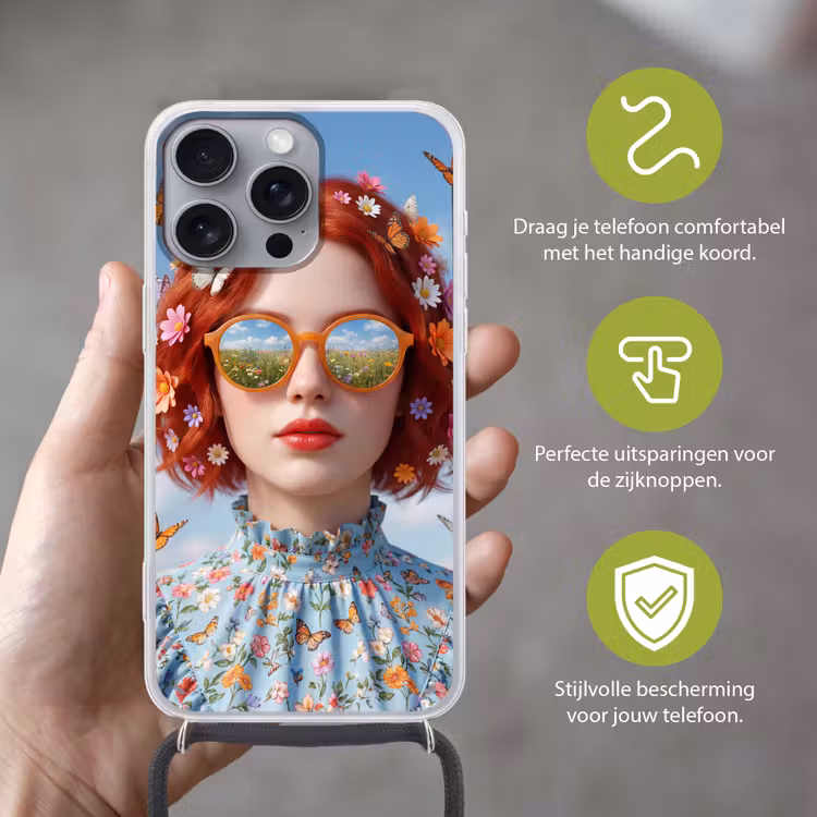 Vrouw - Bloemen - Zomer - Portret - Kleurrijk Hoesje iPhone 16 Pro Max met koord klein -sfeer2_NL