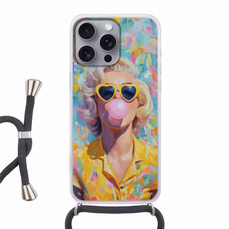 Vrouw - Blond - Roze kauwgom - Kleurrijk - Pastel Hoesje iPhone 16 Pro Max met koord klein -3d