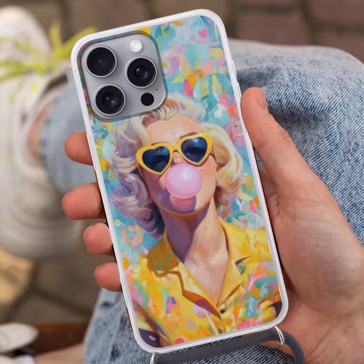Vrouw - Blond - Roze kauwgom - Kleurrijk - Pastel Hoesje iPhone 16 Pro Max met koord klein -sfeer3