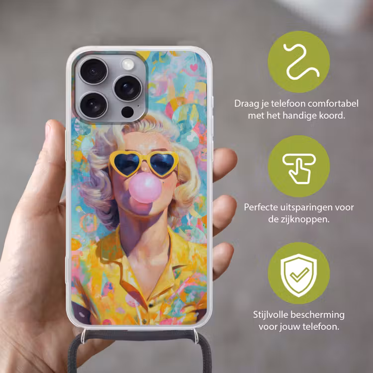 Vrouw - Blond - Roze kauwgom - Kleurrijk - Pastel Hoesje iPhone 16 Pro Max met koord klein -sfeer2_NL