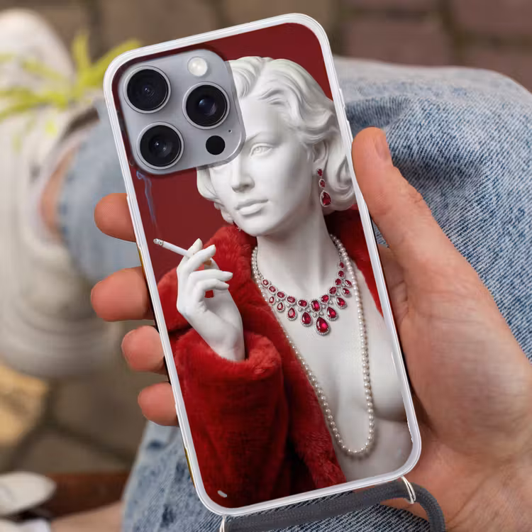 Vrouw - Bontjas - Mode - Klassiek - Rood Hoesje iPhone 16 Pro Max met koord klein -sfeer3