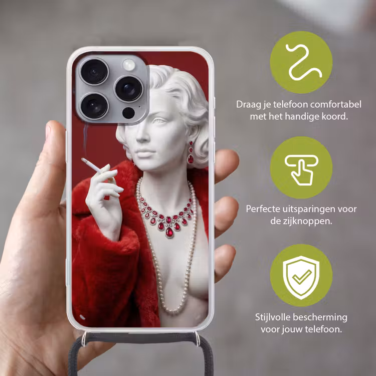 Vrouw - Bontjas - Mode - Klassiek - Rood Hoesje iPhone 16 Pro Max met koord klein -sfeer2_NL