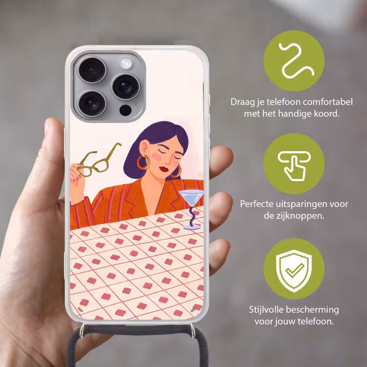 Vrouw - Bril - Cocktail - Illustratie - Modern Hoesje iPhone 16 Pro Max met koord klein -sfeer2_NL