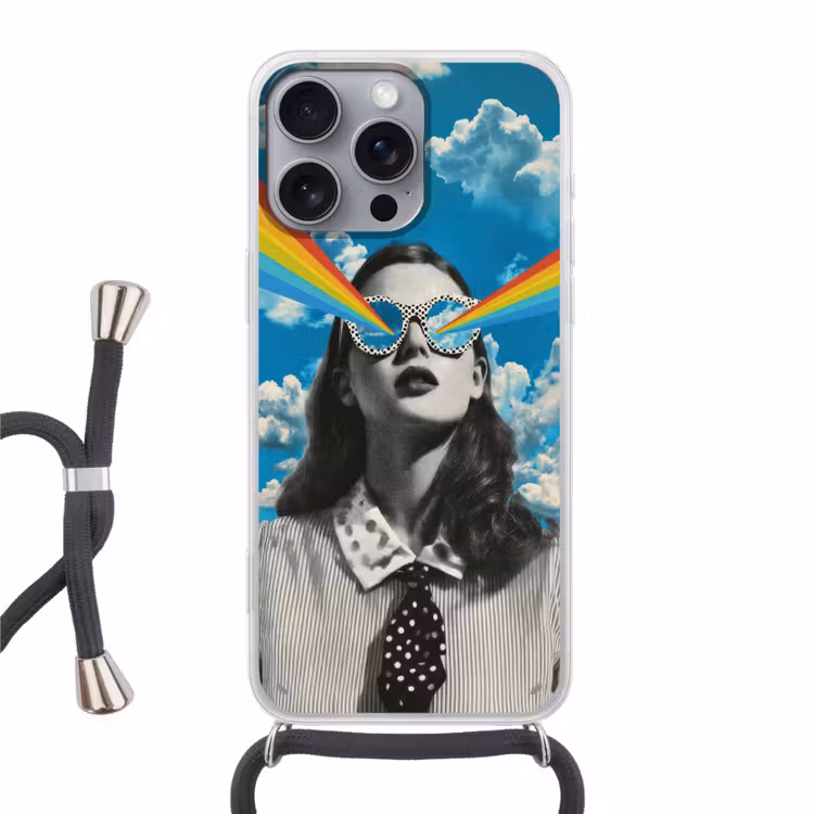 Vrouw - Bril - Regenboog - Wolken Hoesje iPhone 16 Pro Max met koord klein -3d