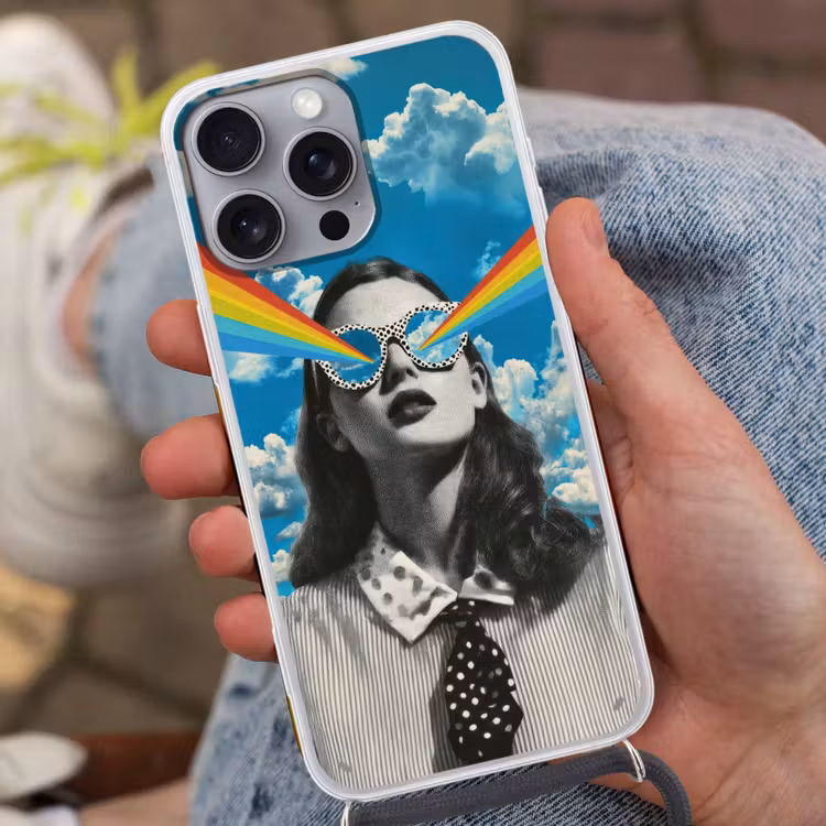 Vrouw - Bril - Regenboog - Wolken Hoesje iPhone 16 Pro Max met koord klein -sfeer3