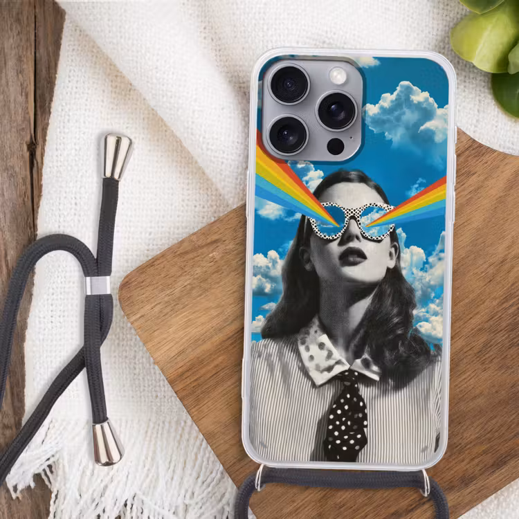 Vrouw - Bril - Regenboog - Wolken Hoesje iPhone 16 Pro Max met koord klein -sfeer4