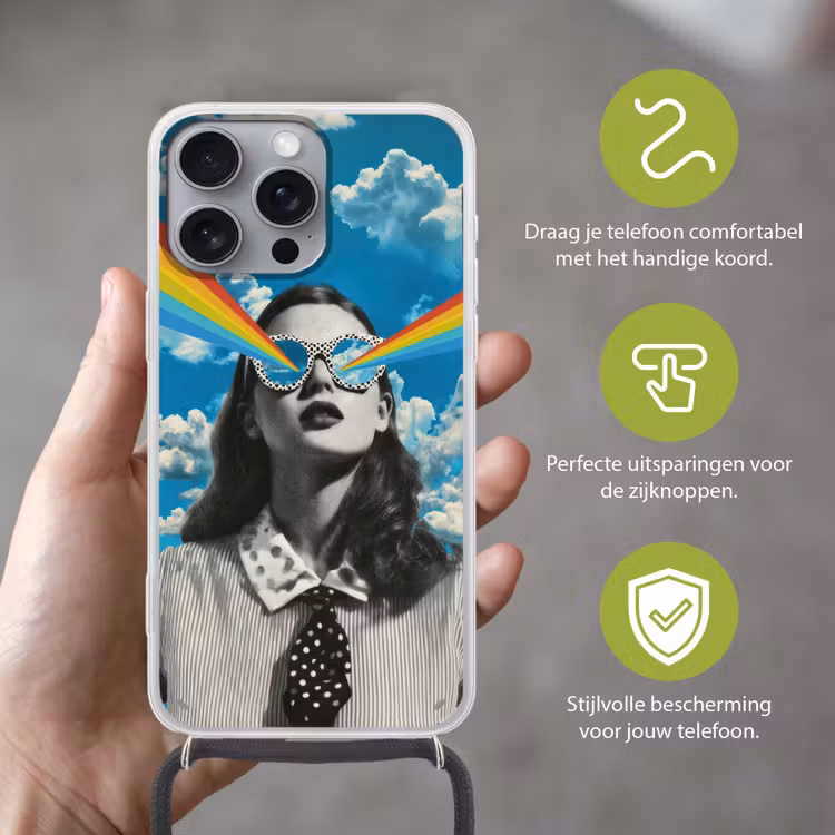 Vrouw - Bril - Regenboog - Wolken Hoesje iPhone 16 Pro Max met koord klein -sfeer2_NL