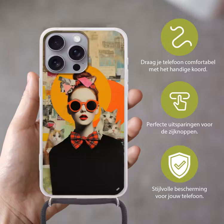 Vrouw - Bril - Strik - Retro Hoesje iPhone 16 Pro Max met koord klein -sfeer2_NL