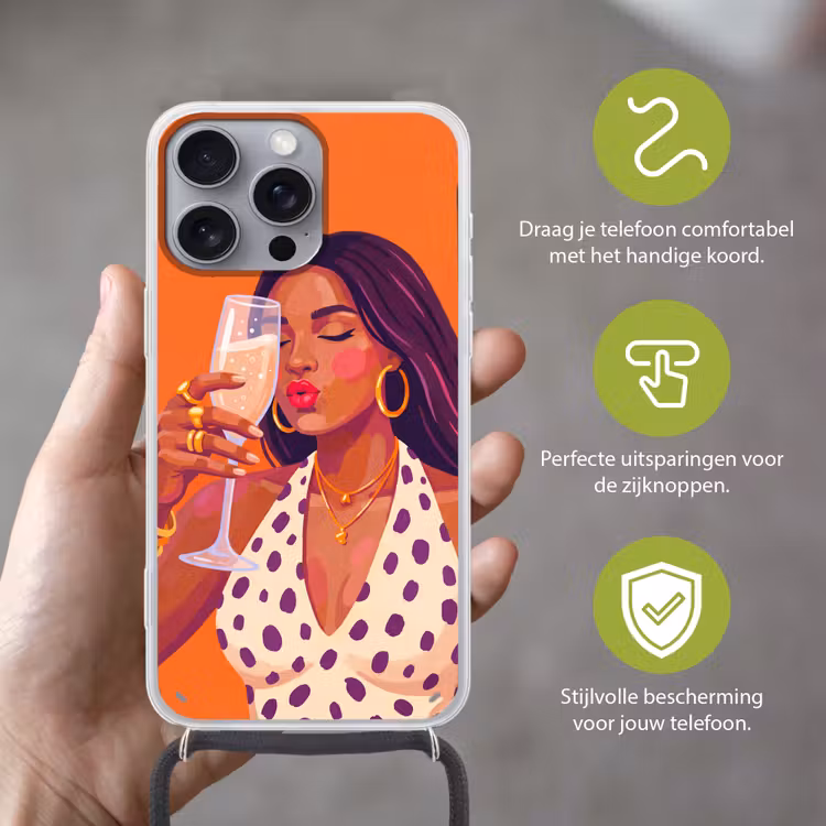 Vrouw - Champagne - Feest - Modern - Oranje Hoesje iPhone 16 Pro Max met koord klein -sfeer2_NL