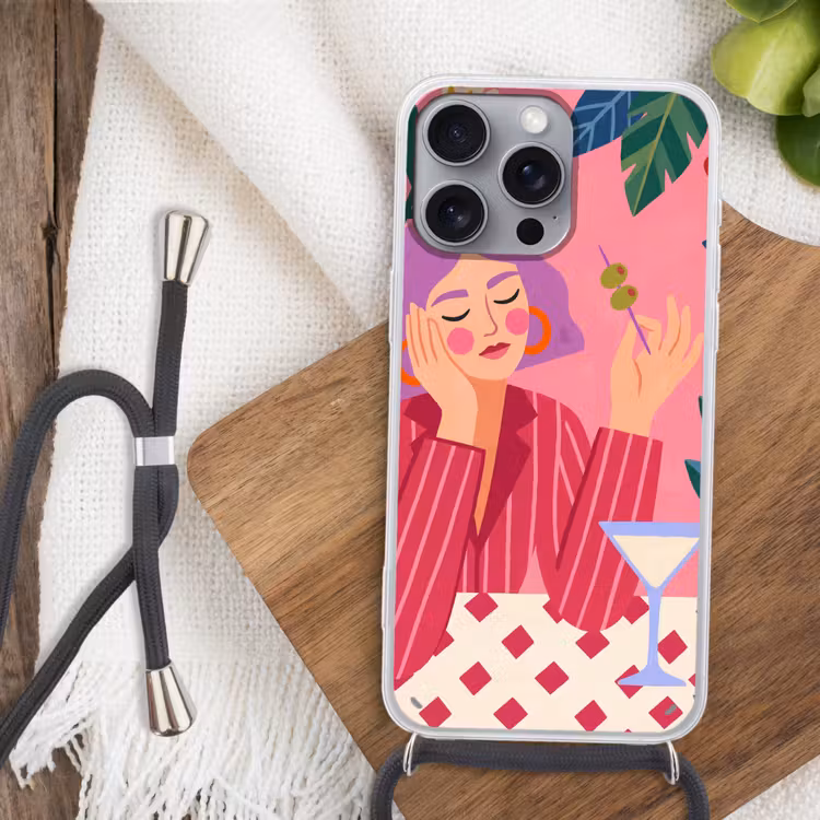 Vrouw - Cocktail - Bloemen - Modern - Roze Hoesje iPhone 16 Pro Max met koord klein -sfeer4