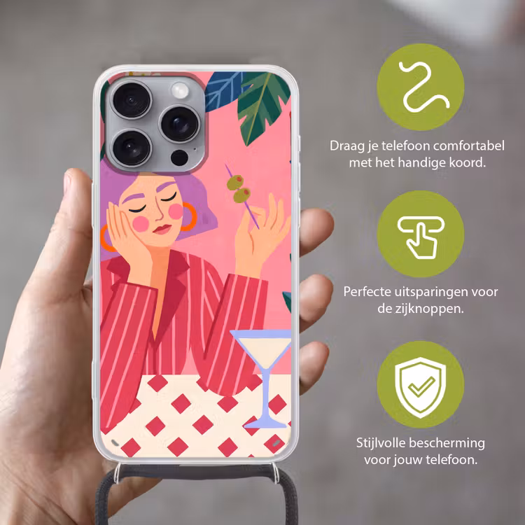 Vrouw - Cocktail - Bloemen - Modern - Roze Hoesje iPhone 16 Pro Max met koord klein -sfeer2_NL