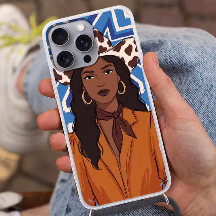 Vrouw - Cowboyhoed - Portret - Modern - Blauw Hoesje iPhone 16 Pro Max met koord klein -sfeer3
