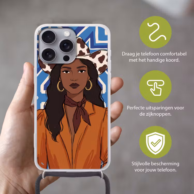 Vrouw - Cowboyhoed - Portret - Modern - Blauw Hoesje iPhone 16 Pro Max met koord klein -sfeer2_NL