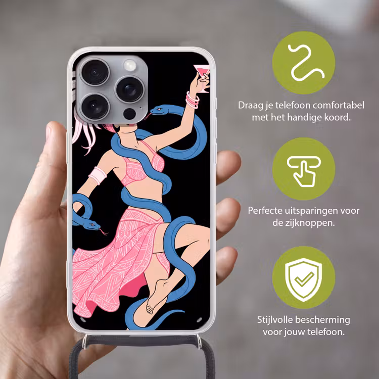 Vrouw - Danseres - Slangen - Art Deco - Roze Hoesje iPhone 16 Pro Max met koord klein -sfeer2_NL