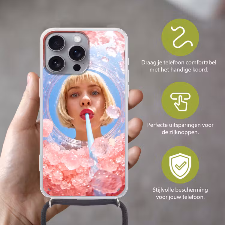 Vrouw - Drank - Zomer - Roze - Blauw Hoesje iPhone 16 Pro Max met koord klein -sfeer2_NL