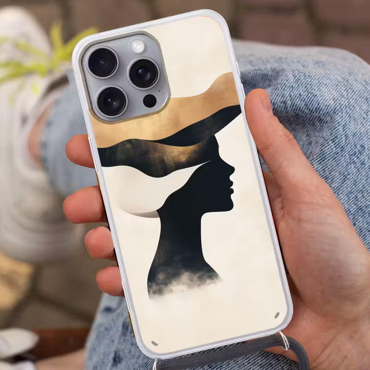 Vrouw - Golven - Zwart Hoesje iPhone 16 Pro Max met koord klein -sfeer3