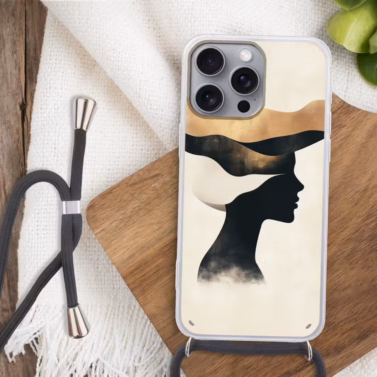 Vrouw - Golven - Zwart Hoesje iPhone 16 Pro Max met koord klein -sfeer4