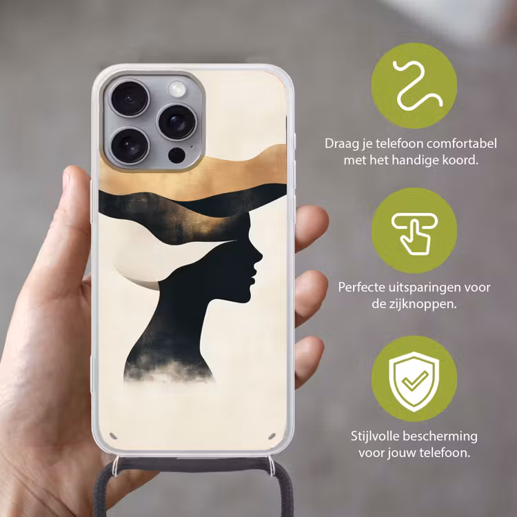 Vrouw - Golven - Zwart Hoesje iPhone 16 Pro Max met koord klein -sfeer2_NL